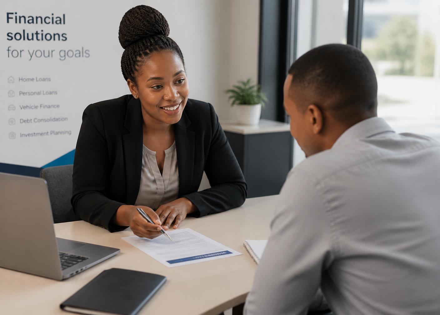 A financial consultant in Mbombela reviewing loan documents with a client, styled with orange and purple diagonal brand stripes